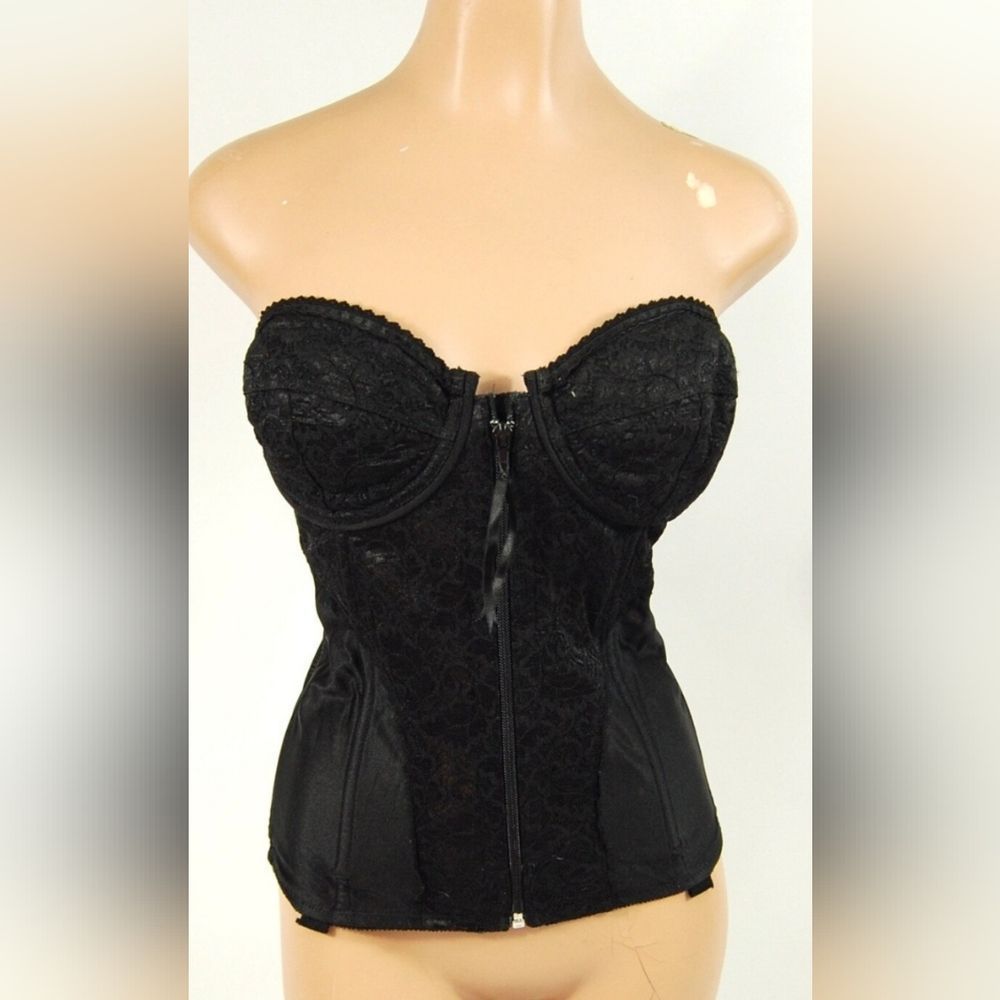 Black long lined Bra Frederick's of Hollywood/size 34 B/Zip Bustier Top Corset